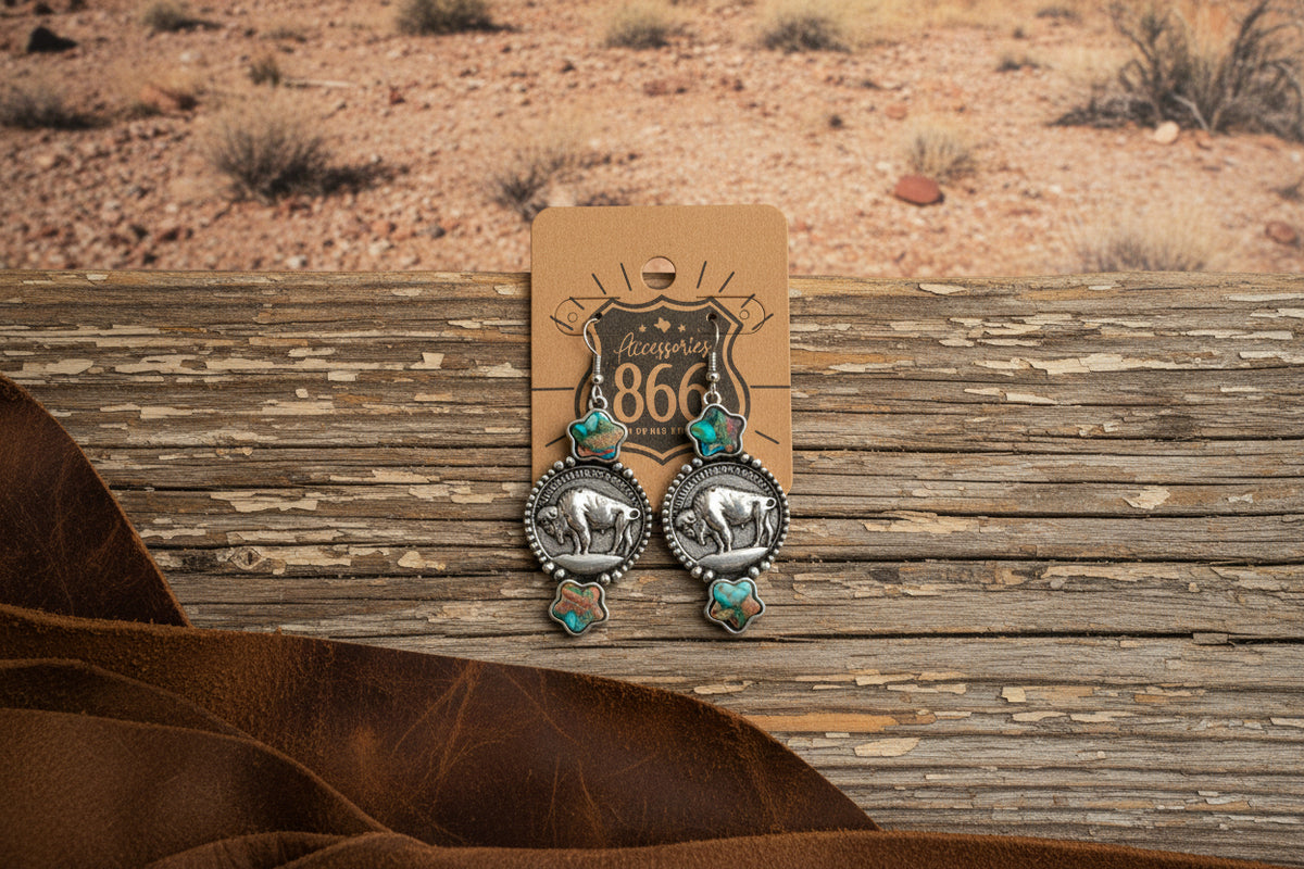 Buffalo coin dangle earrings with silver coin discs and turquoise accent drops