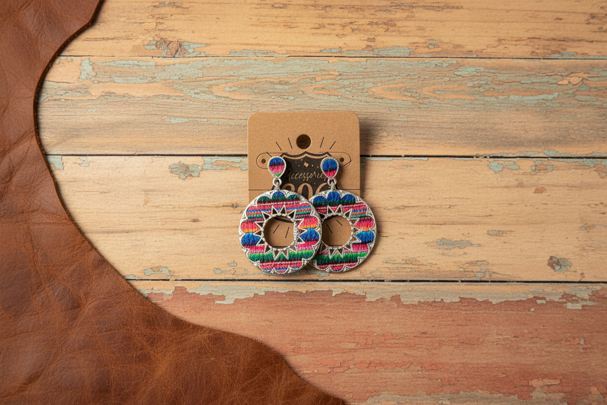 Serape circle drop earrings with multicolor embroidered circles and gold-toned centers