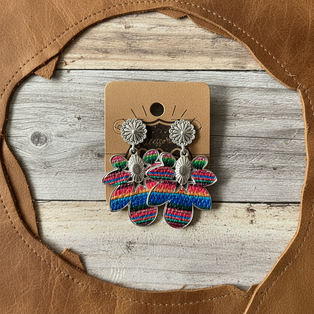 Serape drop earrings with silver floral studs and multicolor fan tassels