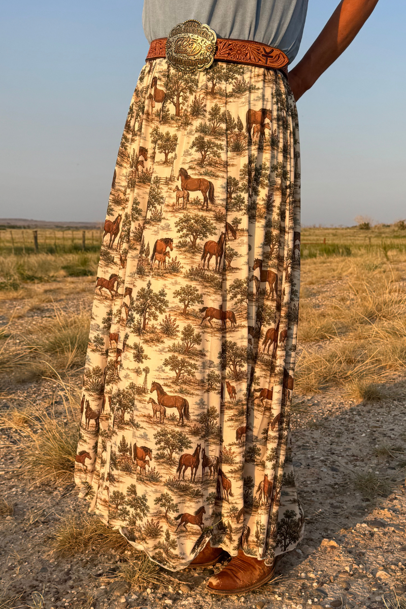 Tan maxi skirt with countryside animal print, long drape and belt