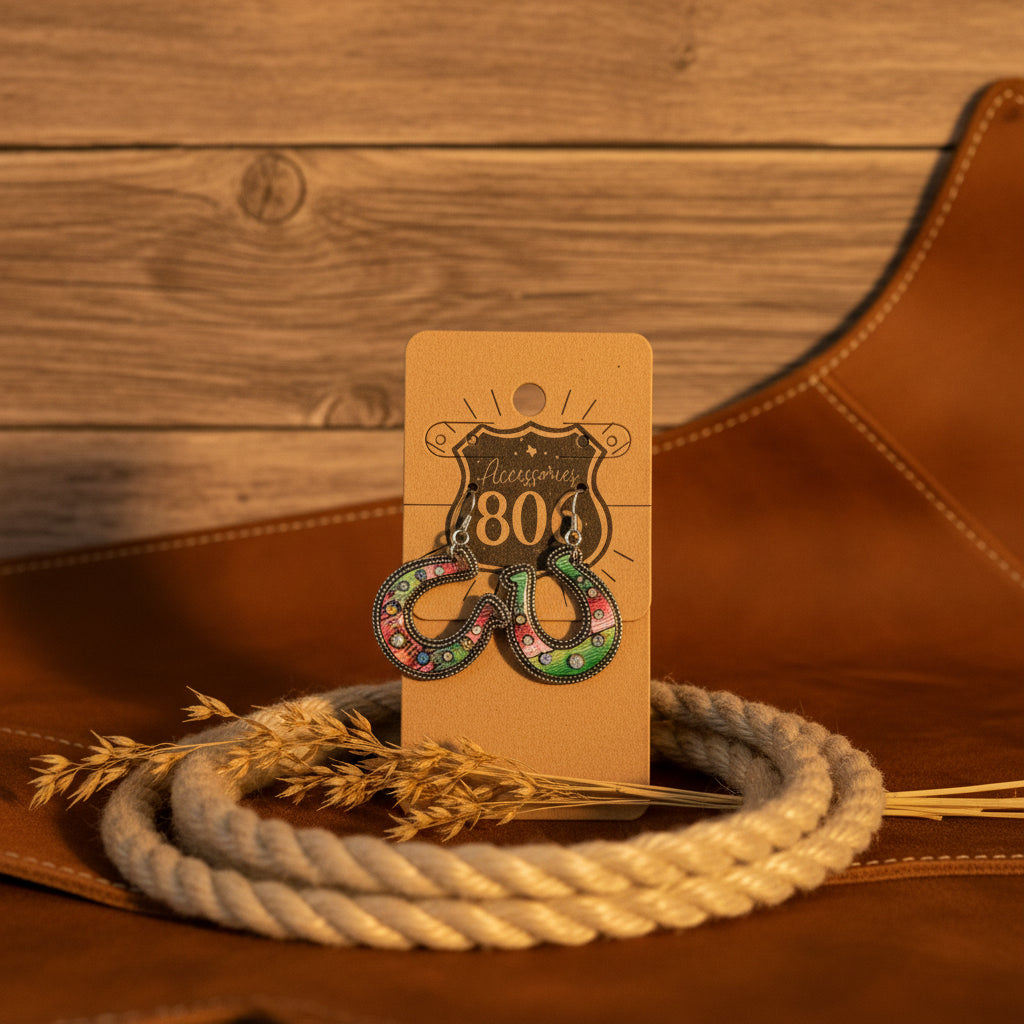 Tan horseshoe-shaped decorative charm with colorful beaded accents