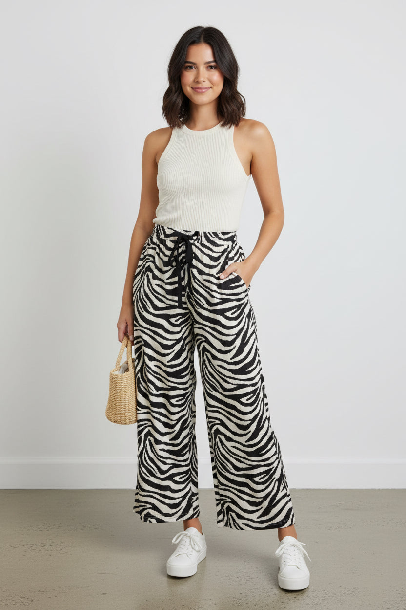 Zebra print wide-leg pants with elastic waistband, black and white