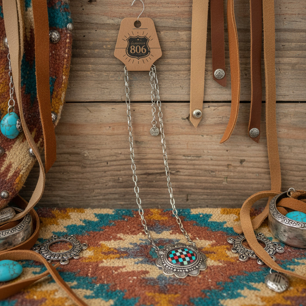 Checkerboard pendant necklace with silver-tone chain and round multicolor checkered medallion