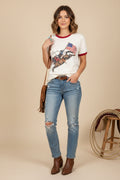 White graphic T-shirt with bronc and American flag print, red collar and sleeve trim