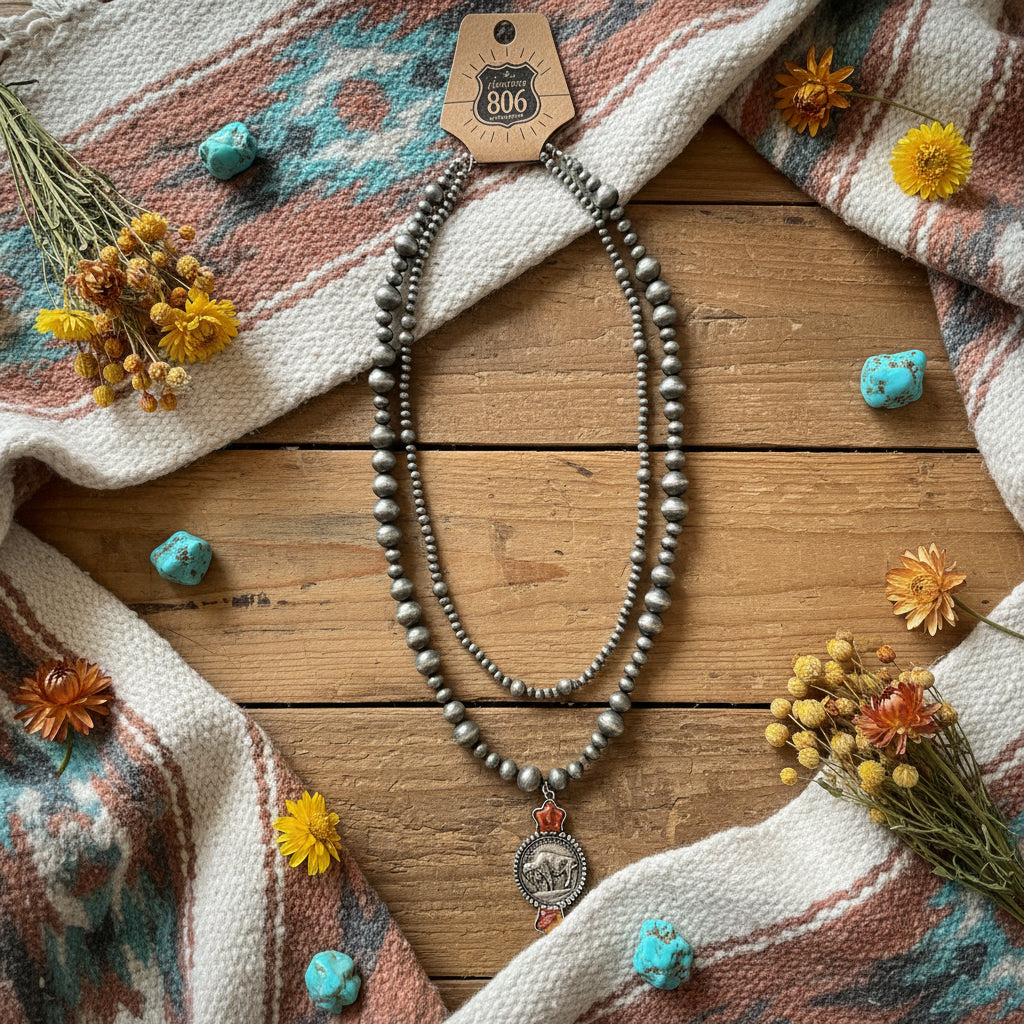 Silver beaded necklace with Buffalo coin pendant and small red detail