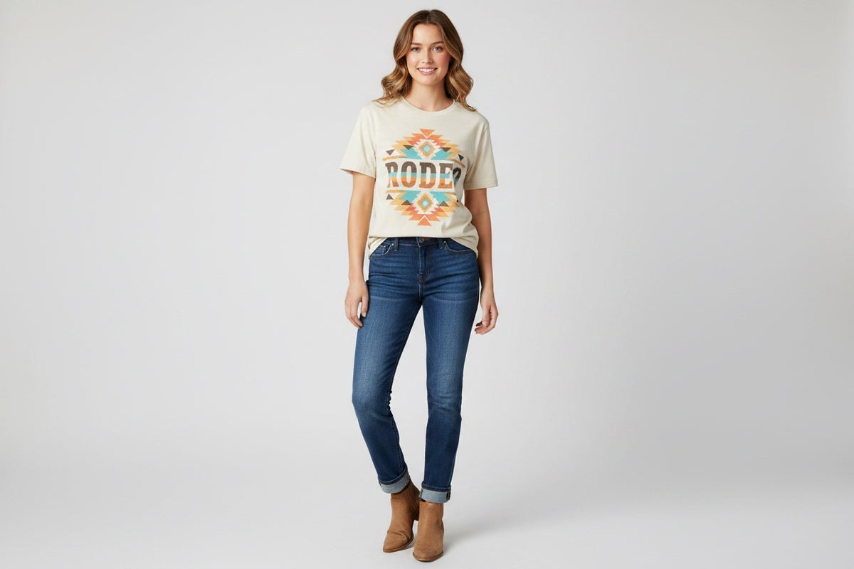 Cream graphic rodeo t-shirt with Aztec-style front print