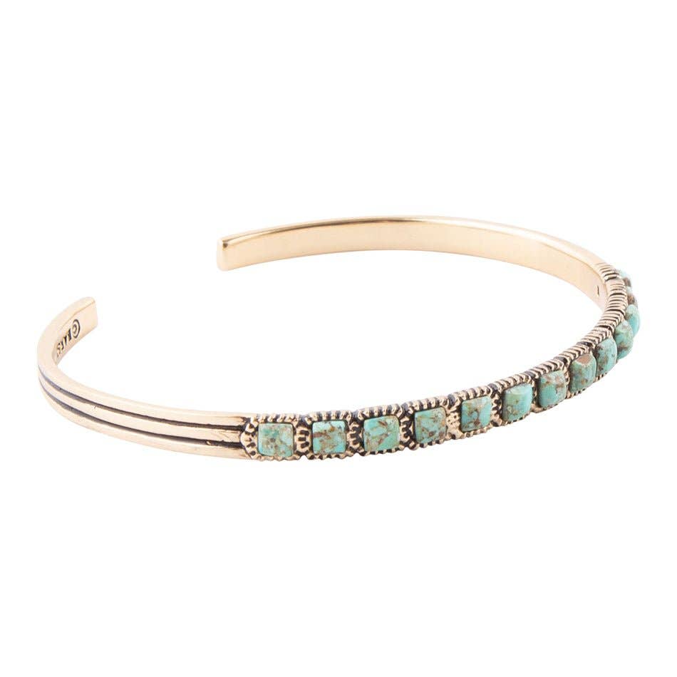 Turquoise and bronze cuff bracelet with oval stone inlays and rope-texture edges