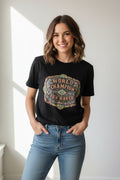 Black short-sleeve T-shirt with colorful circular World Champion Fun Haver graphic