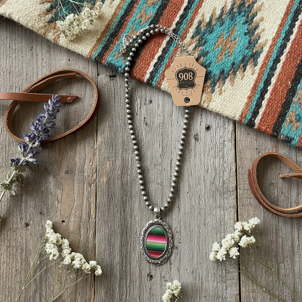 Serape oval necklace with silver bead chain and oval multicolor pendant