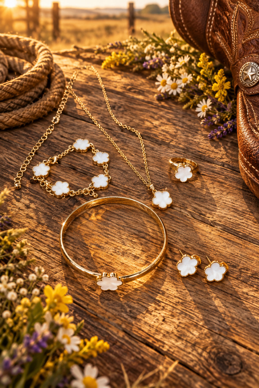 Gold-tone clover jewelry set: necklace, bracelet, ring, and four earrings