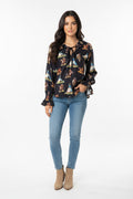 Hooded printed top with long sleeves and front zipper, dark floral pattern
