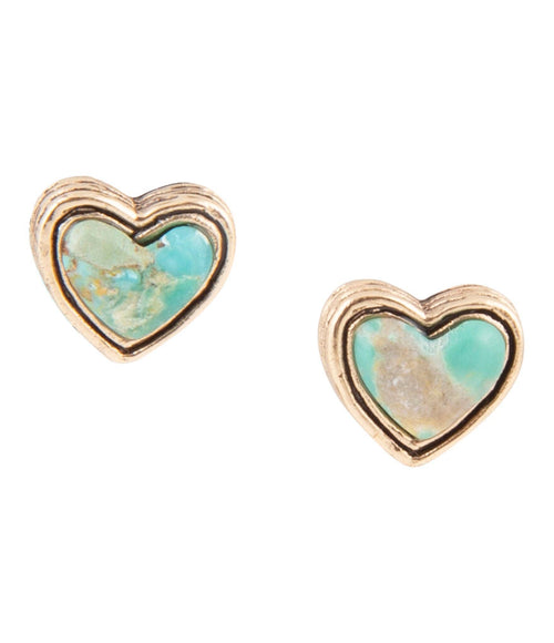Heart-shaped turquoise stud earrings with golden wire border