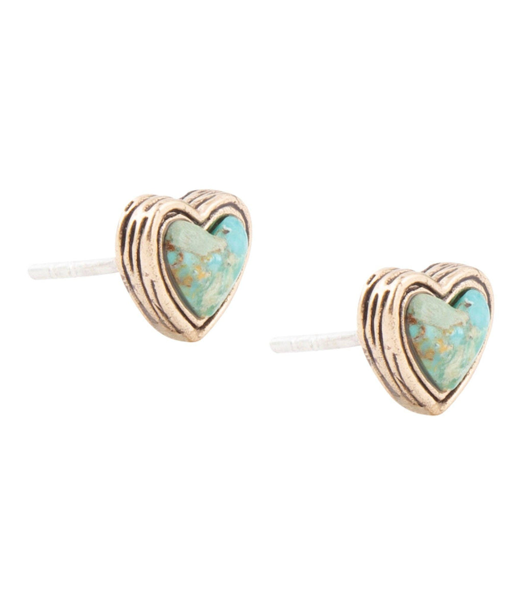 Heart turquoise stud earrings, gold-tone heart with ridged bezel